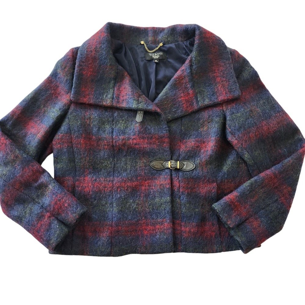 TALBOTS Petite tartan Plaid Wool Blend Jacket Buckle Navy Red Green Women's 10P